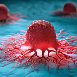 3D illustration of cancer cells spreading across tissue, showing invasive growth with blood vessel-like extensions.