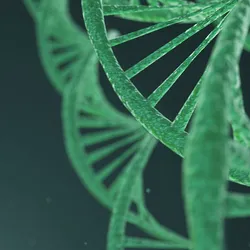 Close-up 3D rendering of a green DNA double helix strand on a dark gradient background.