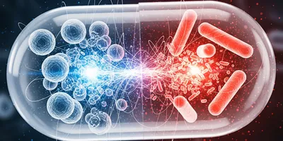 A single, glowing, translucent pill is shown in a microscopic view. Inside, it is actively destroying two types of bacteria: blue spherical cocci on the left and red rod-shaped bacilli on the right.