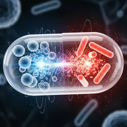 A single, glowing, translucent pill is shown in a microscopic view. Inside, it is actively destroying two types of bacteria: blue spherical cocci on the left and red rod-shaped bacilli on the right.