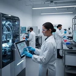 Scientists in a laboratory using advanced antibody library screening technology with digital data analysis.