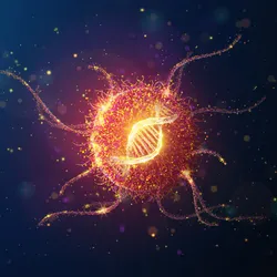 Glowing digital illustration of a cancer cell with visible RNA strand on a dark background.