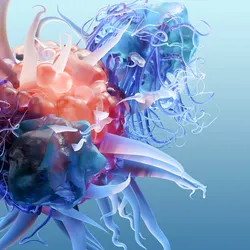 Illustration of blue immune cells interacting with a red target cell.