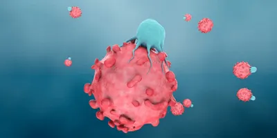 A rendering of a CAR T cell on a dark blue background.