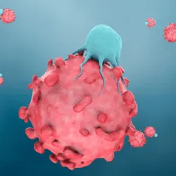 A rendering of a CAR T cell on a dark blue background.