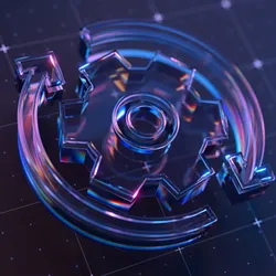 A glowing 3D gear enclosed in a circular arrow on a digital grid background, symbolizing iterative processes and data-driven workflows in drug discovery.