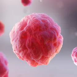 A 3D-rendered illustration of a dividing cell surrounded by a digital wireframe mesh, symbolizing the intersection of biology and data-driven imaging.