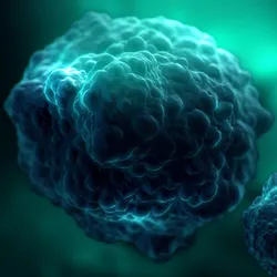 A 3D-rendered illustration of dark blue cell clusters with textured surfaces floating in a glowing green environment.