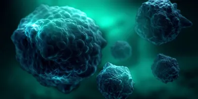 A 3D-rendered illustration of dark blue cell clusters with textured surfaces floating in a glowing green environment.
