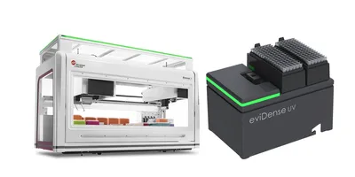 An image of both the HSE eviDense UV Photometer and the Biomek i-Series automated workstation from Beckman Coulter