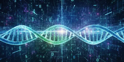 An AI-generated, abstract digital image shows a glowing, holographic DNA double helix in the foreground. The background is a dark digital space filled with floating numbers, binary code, and a grid of interconnected lines that glow with blue and purple light. The overall impression is one of technology and biology, suggesting a connection between genetic science and data or AI.