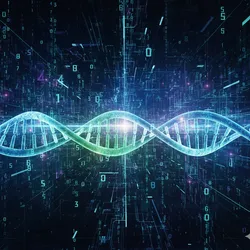 An AI-generated, abstract digital image shows a glowing, holographic DNA double helix in the foreground. The background is a dark digital space filled with floating numbers, binary code, and a grid of interconnected lines that glow with blue and purple light. The overall impression is one of technology and biology, suggesting a connection between genetic science and data or AI.