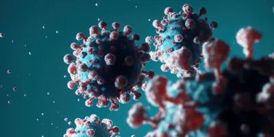 A macro image of several blue, spherical viruses with red protrusions. The viruses are floating against a blurred, teal background.