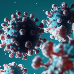 A macro image of several blue, spherical viruses with red protrusions. The viruses are floating against a blurred, teal background.