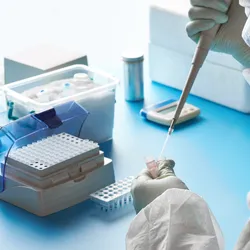 A scientist wearing protective gloves and a lab coat uses a pipette to transfer liquid into small test tubes in a laboratory. 