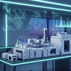 A futuristic laboratory with a detailed chromatography system, a robotic arm, and holographic displays of AI data for drug discovery.