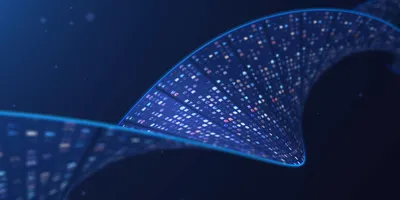 A dark blue representation of a chromosome with letters on it on a blue background.