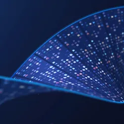 A dark blue representation of a chromosome with letters on it on a blue background.