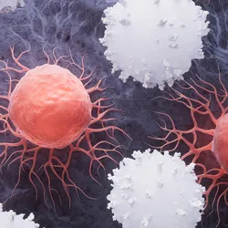 An illustration showing red cancer cells surrounded by white immune cells interacting on a dark textured background.