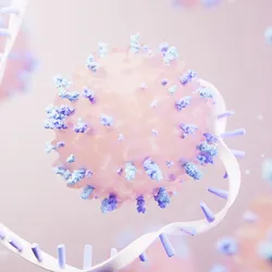 An artistic 3D illustration of a virus particle with spike proteins interacting with a strand of genetic material.