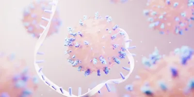 An artistic 3D illustration of a virus particle with spike proteins interacting with a strand of genetic material.