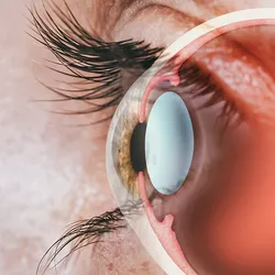  Close-up of a human eye with a medical illustration overlay showing the internal anatomy, including the cornea, retina, and optic nerve.