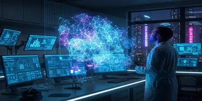 A futuristic, dimly lit laboratory at night. A lone lab professional in a lab coat stands in front of a series of computer screens, mesmerized by a large, three-dimensional holographic projection of a vibrant, interconnected network of nodes and lines. The colorful glow of the hologram and the surrounding screens illuminates the professional's face. The lab is clean and minimalist, with a futuristic cityscape visible through a window in the background.
