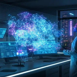 A futuristic, dimly lit laboratory at night. A lone lab professional in a lab coat stands in front of a series of computer screens, mesmerized by a large, three-dimensional holographic projection of a vibrant, interconnected network of nodes and lines. The colorful glow of the hologram and the surrounding screens illuminates the professional's face. The lab is clean and minimalist, with a futuristic cityscape visible through a window in the background.