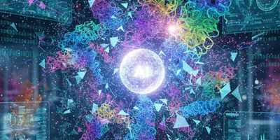An abstract image showing a colorful, ribbon-like protein structure surrounding a glowing, network-like artificial intelligence. 