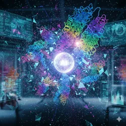 An abstract image showing a colorful, ribbon-like protein structure surrounding a glowing, network-like artificial intelligence. 