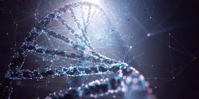 Zoomed in 3D-rendering of a DNA helix with overlapping lines in dramatic lighting.