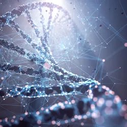 Zoomed in 3D-rendering of a DNA helix with overlapping lines in dramatic lighting.