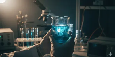 A chemist wearing protective gear, holding a beaker, surrounded by various scientific equipment. 