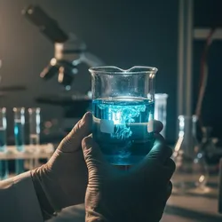 A chemist wearing protective gear, holding a beaker, surrounded by various scientific equipment. 