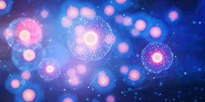 Abstract digital illustration of a colorful molecular or neural network with interconnected nodes and glowing lines on a dark background