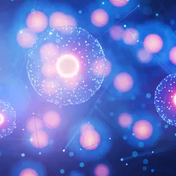 Abstract digital illustration of a colorful molecular or neural network with interconnected nodes and glowing lines on a dark background