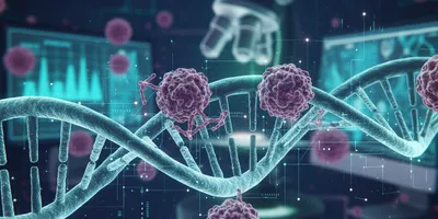 A DNA strand in the centre with cancer cells floating around it and some analysis on computers behind. 