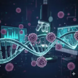 A DNA strand in the centre with cancer cells floating around it and some analysis on computers behind. 