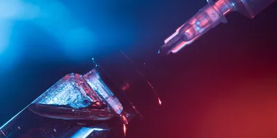 Close-up of a vaccine vial and syringe under blue and red lighting