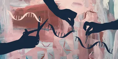 Hands manipulating RNA strands illustrating gene therapy