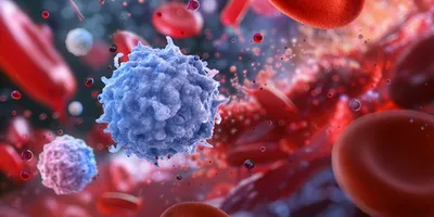 Microscopic view of blood cells and an immune cell illustrating chronic myeloid leukemia treatment focus.