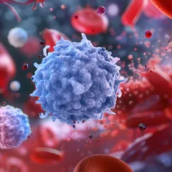 Microscopic view of blood cells and an immune cell illustrating chronic myeloid leukemia treatment focus.