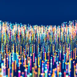 An abstract visualization of colorful data points and vertical lines representing large-scale screening outputs and high-throughput data analysis.