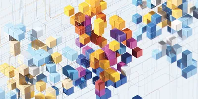 Abstract 3D illustration of colorful interconnected cubes representing data networks, digital systems, and information flow.