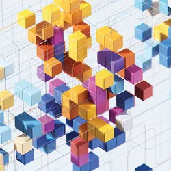 Abstract 3D illustration of colorful interconnected cubes representing data networks, digital systems, and information flow.