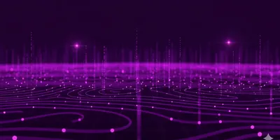 A dark, futuristic abstract background featuring bright, glowing purple lines and dots forming a grid-like pattern. The lines curve and intersect, with vertical lines of light rising from the surface, creating a sense of data flow and connectivity.