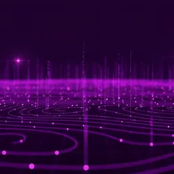A dark, futuristic abstract background featuring bright, glowing purple lines and dots forming a grid-like pattern. The lines curve and intersect, with vertical lines of light rising from the surface, creating a sense of data flow and connectivity.