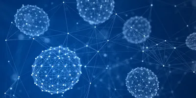 Abstract digital illustration showing spherical cellular structures connected by a network of glowing nodes and lines, representing biological or molecular connections on a blue background.