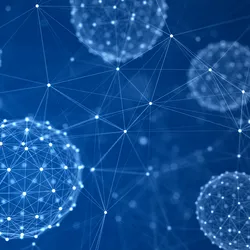 Abstract digital illustration showing spherical cellular structures connected by a network of glowing nodes and lines, representing biological or molecular connections on a blue background.