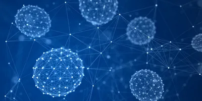 Abstract digital illustration showing spherical cellular structures connected by a network of glowing nodes and lines, representing biological or molecular connections on a blue background.